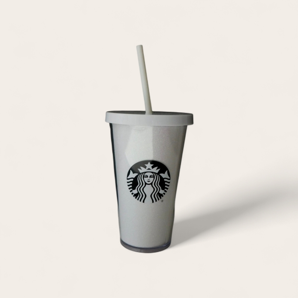 STARBUCK NWT 2017 White Glitter Grande Cold Cup 16oz Tumbler With Straw
